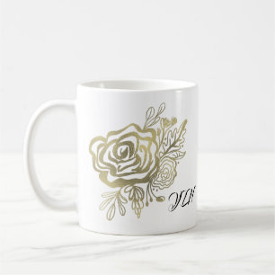 Caneca De Café Faux Dourada French Rosa Floral