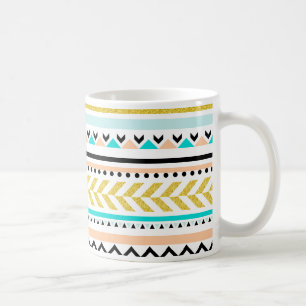 Caneca De Café Faux Glitter Dourado, Turquesa, Coral Aztec Padrão