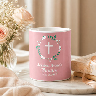 Caneca De Café Favor de Batismo Cruz Floral Branco Rosa Empoeirad