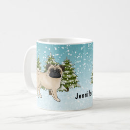 Caneca De Café Fawn Pug Cute Cartoon Dog Snowy Winter Forest