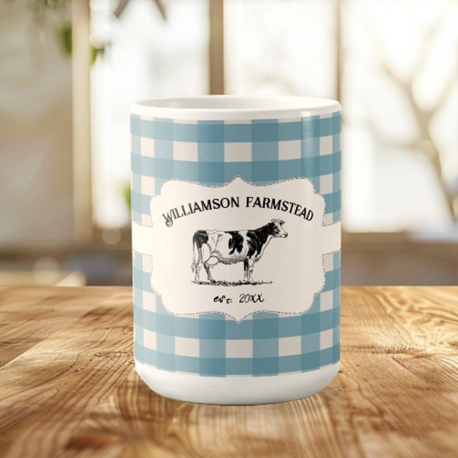 Caneca De Café Fazenda de búfalas Xadrez de búfalas (Blue Buffalo Plaid Farm Cow Coffee Mug)