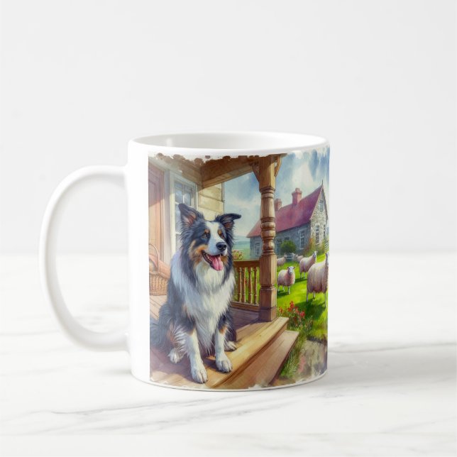 Caneca De Café Fazenda de Ovinos com Cachorro Collie de Borda (Esquerda)