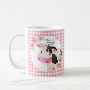 Caneca De Café Fazenda De Vaca Floral De Gingham, Rosa-Rosa,