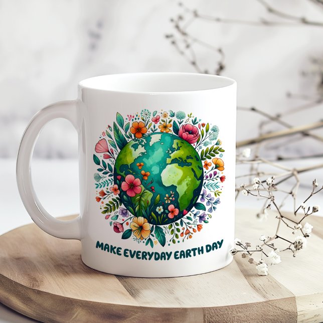 Caneca De Café Fazer o Planeta Floral do Dia Mundial da Terra (Make Everyday Earth Day Floral Planet Coffee Mug on a boho wooden table with tiny wite dry flowers)