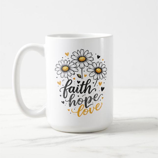 Caneca de Café Fé, Esperança, Amor e Margaridas (Esquerda)