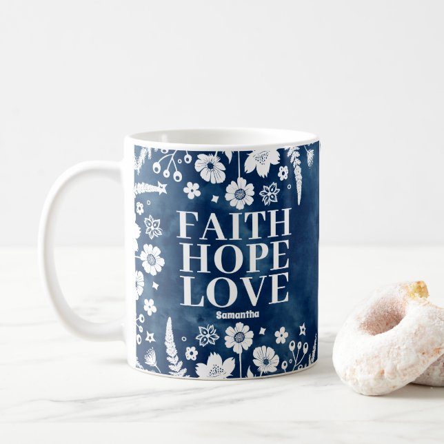 Caneca De Café Fé Personalizada, Esperança, Amor Cristão (Com Donut)