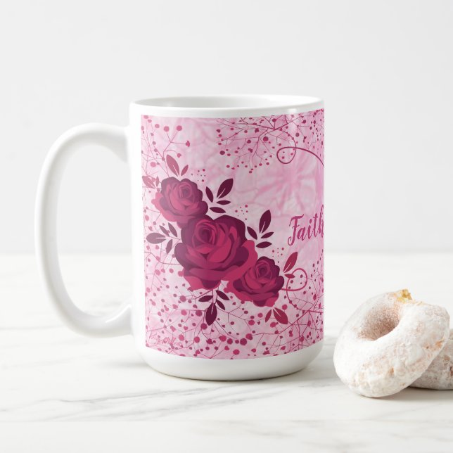 Caneca De Café Fé Sobre Medo, Rosas Rosa (Com Donut)