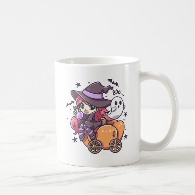 Caneca De Café Feiticeira bonitinha sentada num carro de abóbora (Direita)