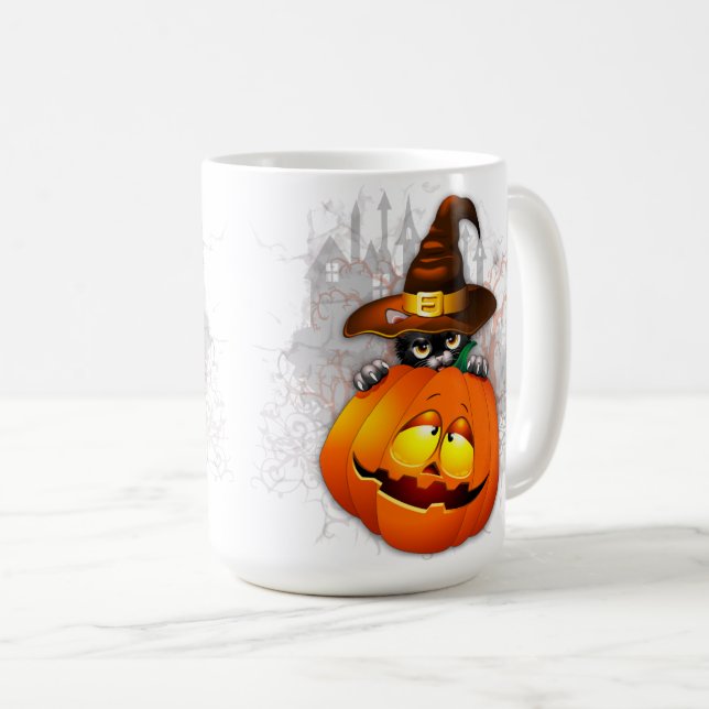 Caneca De Café Feiticeira Gatinho e Amigo da Abóbora (Frente Esquerda)