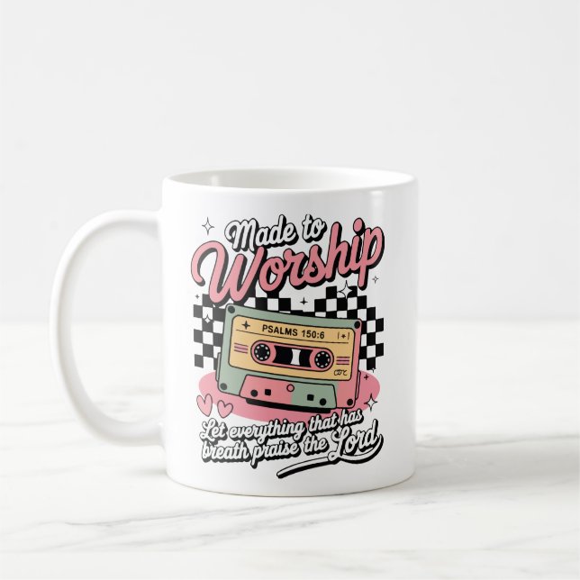 Caneca De Café Feito para Adorar Salmos 150:6 Cassete Retro (Esquerda)