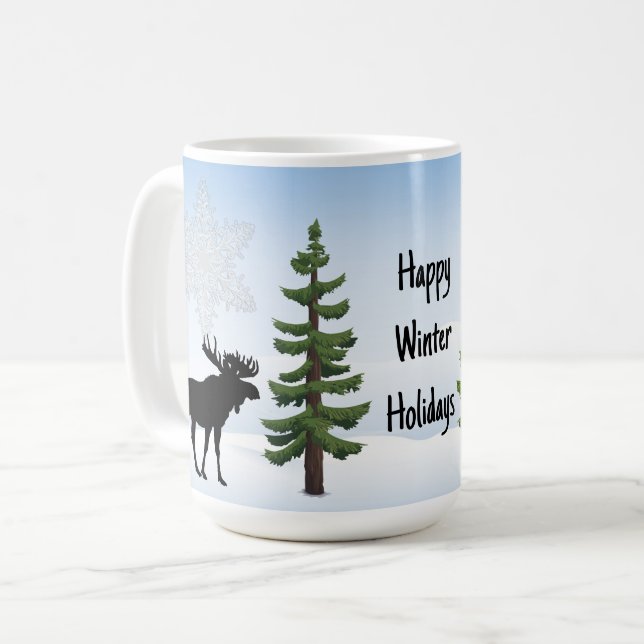 Caneca De Café Félicas Festas de Inverno Alce e Floco de Neve  (Frente Esquerda)