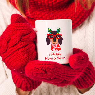 Caneca De Café Felicidades de Natal Fofo e Alegre Doxie Dachshund