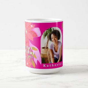 Caneca De Café Felicidades Férias Ano Novo Foto Poinsettia Rosa Q