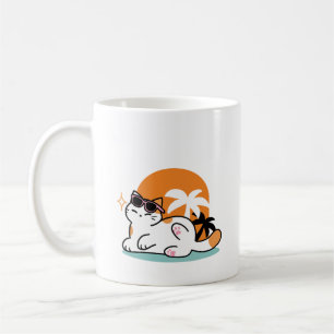 Caneca De Café Feline Fine no Sol - Gato Tropical Relaxado