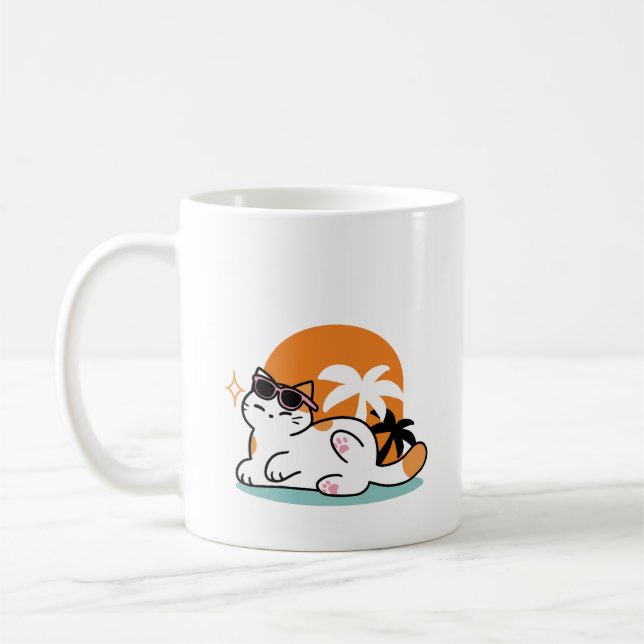 Caneca De Café Feline Fine no Sol - Gato Tropical Relaxado (Esquerda)
