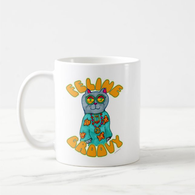 Caneca De Café Feline Groovy Hippie Style Cat Art S (Esquerda)
