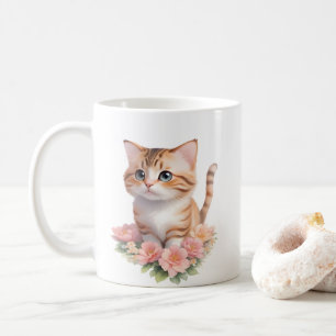 Caneca De Café Felino Quente Floral de Gato Gato