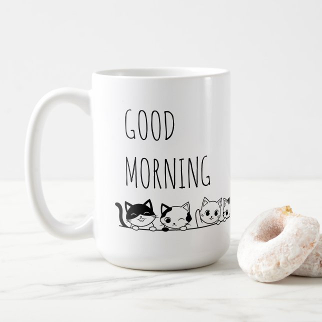Caneca De Café Felinos brancos, pretos e brancos, que bom dia (Com Donut)