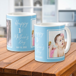 Caneca De Café Feliz 1º Dia das Mães Baby Blue 2 Colagem de Fotos