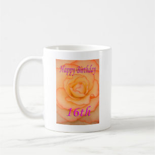 Caneca De Café Feliz 16.º Aniversário Flor Amarelo com Trim Rosa