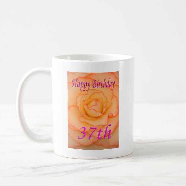 Caneca De Café Feliz 37.º Aniversário Flor Amarelo com Trim Rosa (Esquerda)