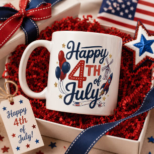 Caneca De Café Feliz 4 de Julho Foguete Patriótico & Estrelas