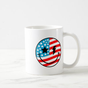 Caneca De Café Feliz 4 de julho, Groovy Smile Face Red White Blue