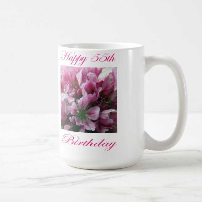 Caneca De Café Feliz 55º aniversário, rosa e flor verde (Direita)