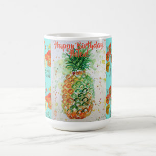 Caneca De Café Feliz Aniversário Arte do Abacaxi Laranja Nome da