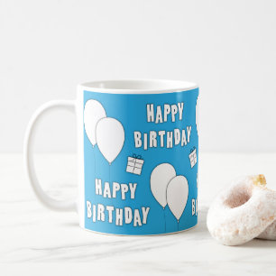 Caneca De Café Feliz Aniversário Com Balões De Fundo Azul