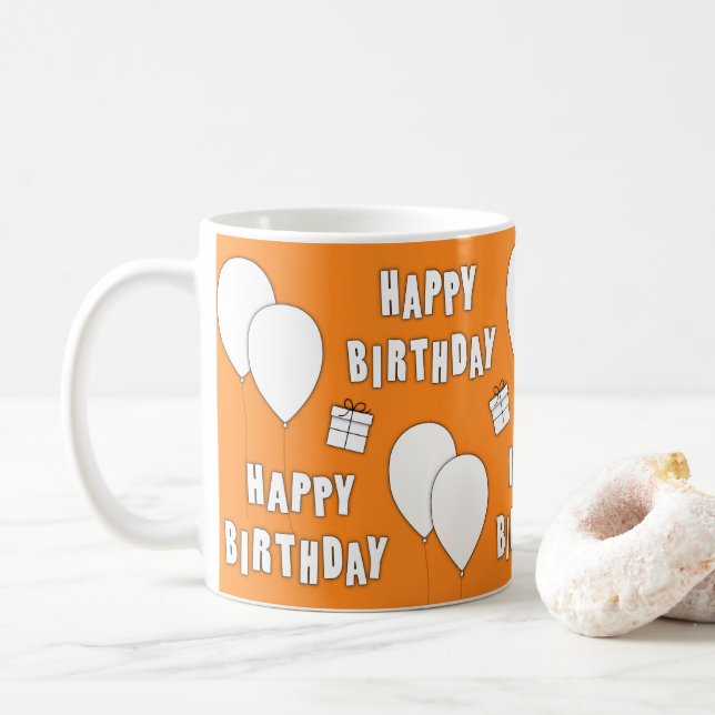 Caneca De Café Feliz Aniversário Com Balões De Fundo Laranja (Com Donut)