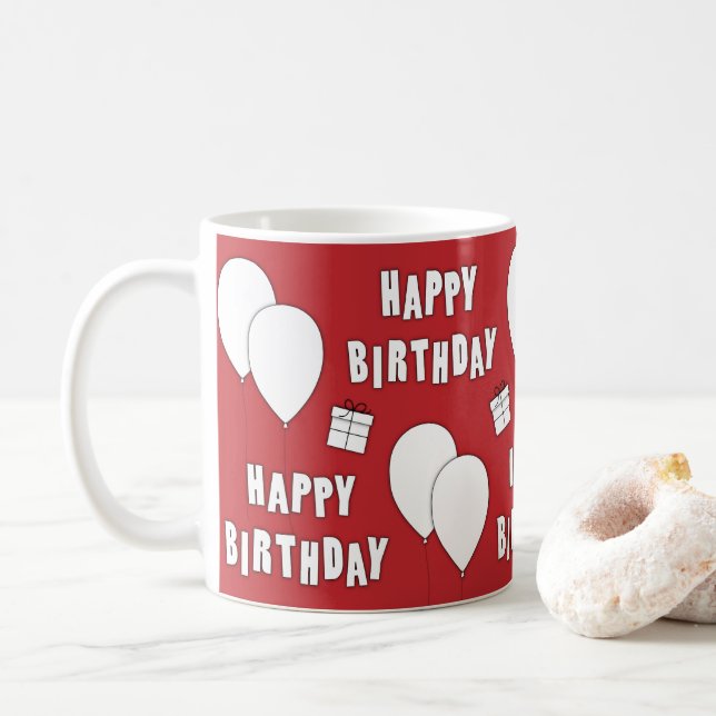 Caneca De Café Feliz Aniversário Com Balões De Fundo Vermelho (Com Donut)