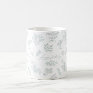 Caneca De Café Feliz aniversário com fundo floral - azul claro