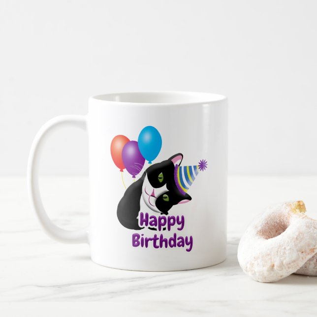 Caneca De Café Feliz Aniversário Gato (Com Donut)