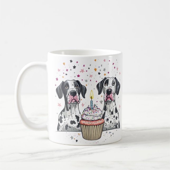 Caneca De Café Feliz Aniversário Grande Cupcake de Cães Dane (Esquerda)