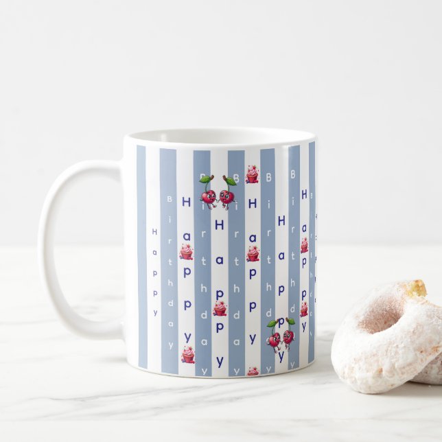 Caneca De Café Feliz Aniversário Listra Azul e Branco  (Com Donut)