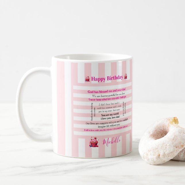 Caneca De Café Feliz Aniversário Listra Rosa e Branco  (Com Donut)