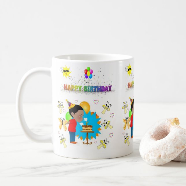 Caneca De Café Feliz aniversário Mug African Boy Mushroom (Com Donut)