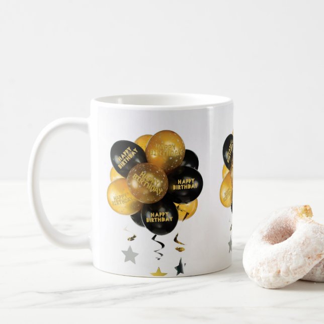 Caneca De Café Feliz aniversário Mug Black Dourado Balões (Com Donut)