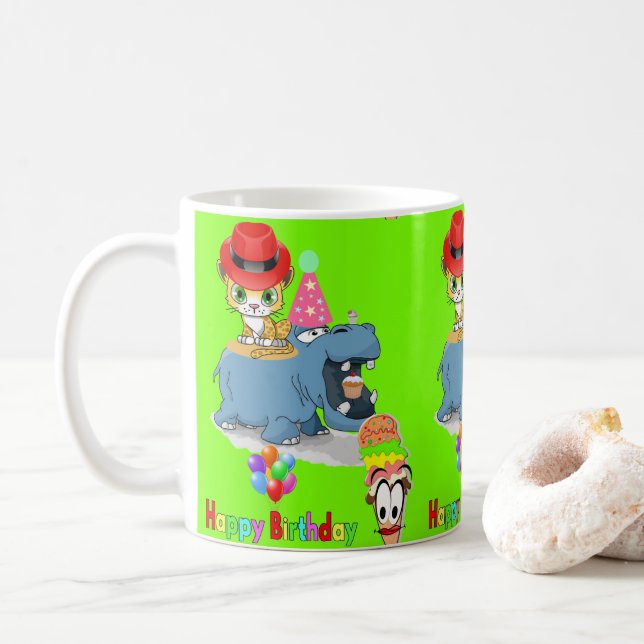 Caneca De Café Feliz Aniversário Mug Hippopotamus (Com Donut)