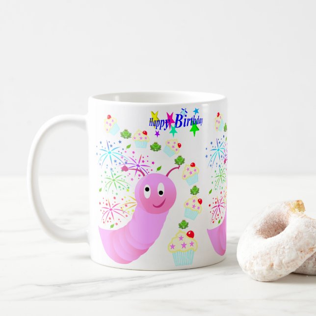 Caneca De Café Feliz Aniversário Mug Pink Worm Confetti (Com Donut)