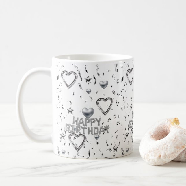 Caneca De Café Feliz aniversário Mug Silver Hearts (Com Donut)