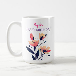 Caneca De Café Feliz Aniversário, Nome, Flores, Brancas
