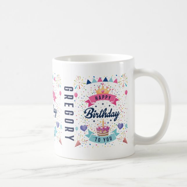 Caneca De Café Feliz Aniversário, Nome Personalizado Grafo (Direita)