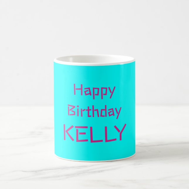 Caneca De Café Feliz Aniversário Nome Turquesa Rosa (Centro)