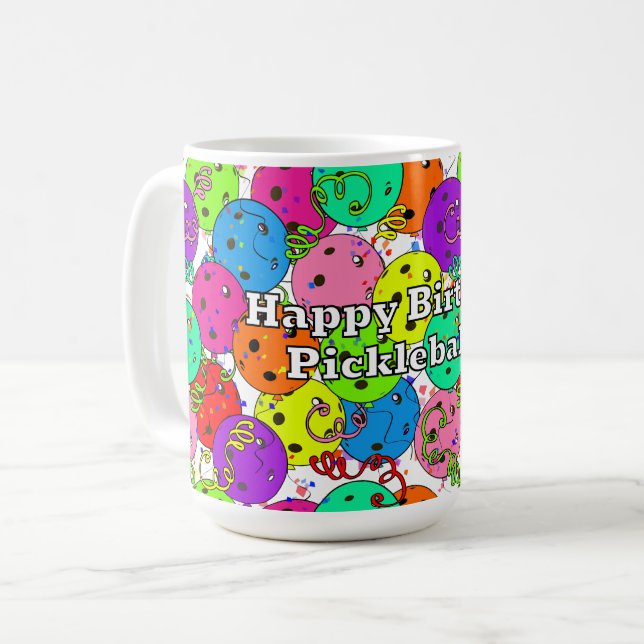 Caneca De Café Feliz Aniversário Pickleball Balões Confetti White (Frente Esquerda)