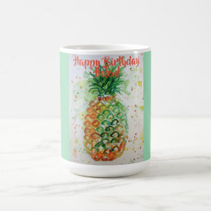 Caneca De Café Feliz Aniversário Pineapple Art Verde limão Nome