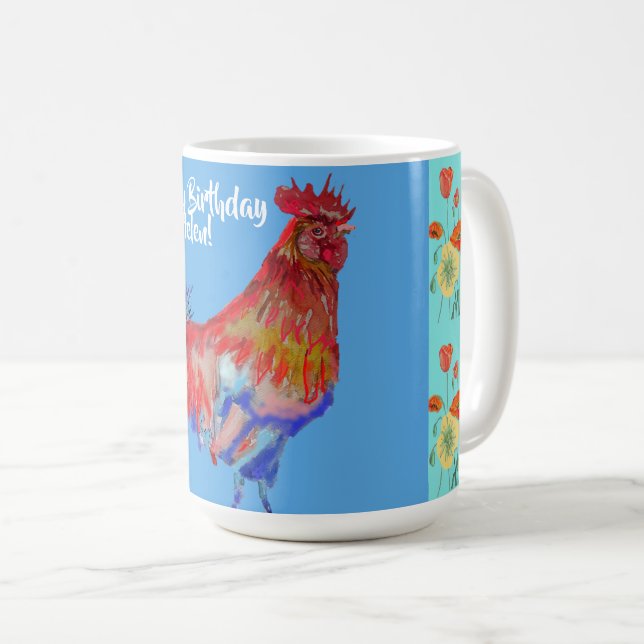 Caneca De Café Feliz Aniversário Rooster Laranja Papoila Nome Mul (Frente Esquerda)