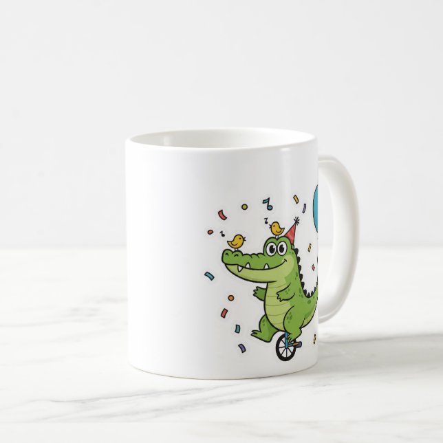 Caneca De Café Feliz Aniversário Tema Cartoon Circo de Crocodilo (Frente Esquerda)