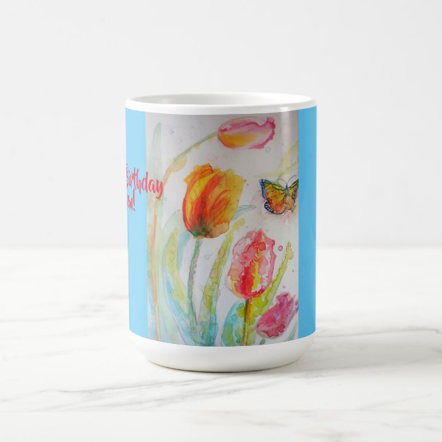 Caneca De Café Feliz Aniversário Tulipas Mulheres Nome Mug (Centro)